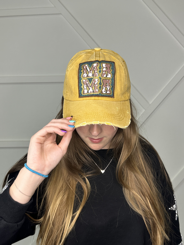 Mama Mama Turquoise Patch on Distressed Mustard Hat