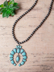 TALK OF THE TOWN TURQUOISE SQUASH BLOSSOM PENDANT NAVAJO PEARLS NECKLACE