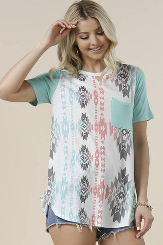 AV1025-AMANDA AZTEC PRINT COLOR BLOCK T-SHIRT