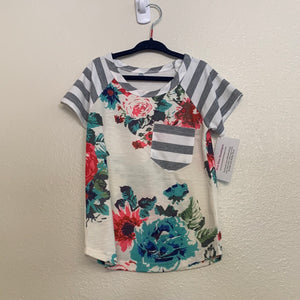 Girl's Tween Floral Gray Stripe Shirt