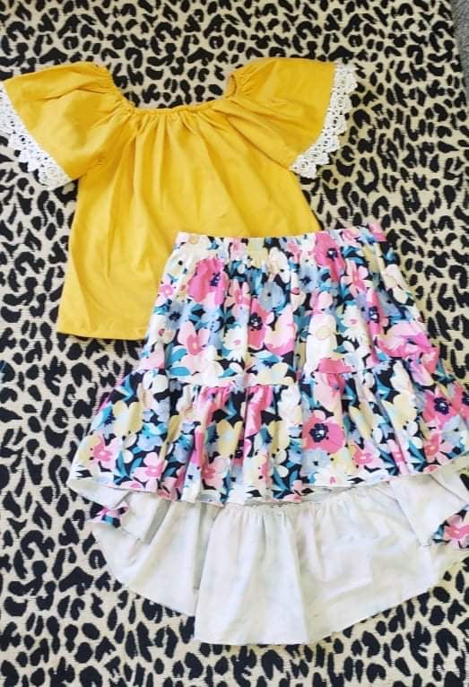 Girl Toddler Mustard Top Floral Skirt Outfit