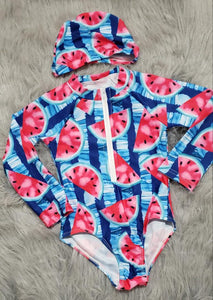 Girl's Watermelon Swimsuit with Cap